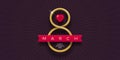 8 March International women`s day greeting card - Golden number eight, ruby heart and ribbon on dark background.